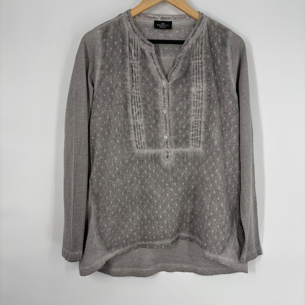 Gina Benotti Grey Swiss Dot Pintuck Henley Top Size M Long Sleeve‎ Cotton Boho